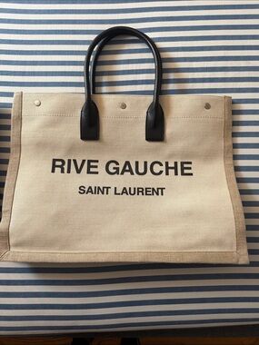 Large Saint Laurent Beige Canvas Rive Gauche Tote with Black Handles